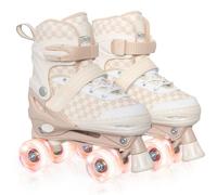 Nattork Patines ajustables para niños y adolescentes, ruedas iluminadas, patines de cuatro ruedas con diseño de tablero de ajedrez para niños y niñas, color caqui, talla 5, 6, 7, 8
