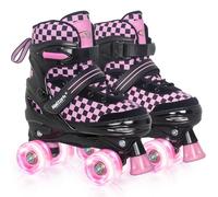 Nattork Patines ajustables para niños y adolescentes, ruedas iluminadas, patines de cuatro ruedas con diseño de tablero de ajedrez para niños y niñas, color rosa, talla 5, 6, 7, 8
