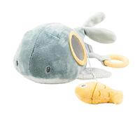 Nattou Juguete Activo Ballena Sally, Hecho de algodón y poliéster, con Varias Actividades y función de vibración, Aprox. 32 cm, Romeo, Jules y Sally, Azul Oscuro