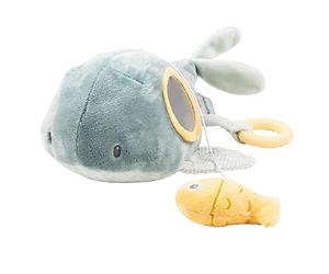 Nattou Juguete Activo Ballena Sally, Hecho de algodón y poliéster, con Varias Actividades y función de vibración, Aprox. 32 cm, Romeo, Jules y Sally, Azul Oscuro