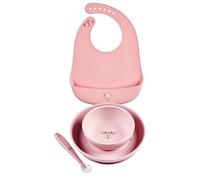 Nattou Set Vajilla Bebé Oso - Plato Cuenco Vaso Cuchara - Silicona Antideslizante Sin BPA - Set Alimentación - 4 Piezas - Rosa