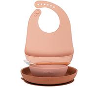 Nattou Vajilla de silicona para niños, 4 piezas, 1 cuchara, 1 plato, 1 bol, 1 babero con bandeja recogegotas, Sin BPA, Silicona, Rosa/Marrón
