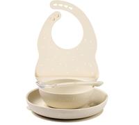 Nattou Vajilla Infantil de Silicona, 4 Piezas, 1 Cuchara, 1 Bol con Tapa, 1 Taza para Beber, 1 Babero, Sin BPA, Silicona, Color Arcilla
