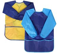 NATUCE 2pcs Delantal Infantil Pintura Impermeable Delantales de Niño, Blusón Delantal Babero de Mangas Larga y 3 Bolsillos para Artes y Manualidades, Pintura, Cocina 3-7Años (Amarillo + Azul)