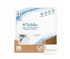 Natulim Pastillas de Lavavajillas 120 Usos - Biodegradables e Hidrosolubles 6 en 1 - Limpieza Profunda, Abrillantador, Función Sal, Protección Cristal, Descalcificador, Efecto Secado Extra - 4 Pack