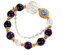 Natural Amethyst & Clear Quartz Healing Crystal Bracelet With Gold-Plated Opal Inlaid Oval Charm & Layered Chain