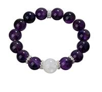 Natural Amethyst & Clear Quartz Healing Crystal Bracelet With Rhinestone Silver-Tone Spacers Polished Round Gemstone Beaded Stretch