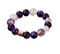 Natural Amethyst & Red Rutilated Quartz Healing Crystal Bracelet With Gold-Tone Textured Barrel Spacer Polished RoundMixedGemstoneBeadedStretch