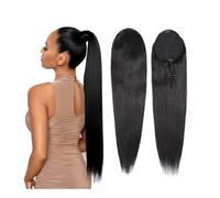 Natural Coleta larga y recta con cordón ajustable, cabello humano, extensión de cabello con clip suave for mujer Aspecto perfecto(18inches)