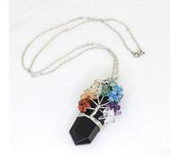 Natural Crystal 7 Chakra Tree Of Life Wire Wrapped Rose Pink Quartz Amethysts Healing Pointed Sword Faceted Pendant Necklace,Black Onyx,50cm