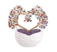 Natural Crystal | Rose Gold Heart Shaped Twin Tree Ornament | Seven Colors Chip Wire Wrap Tree | Ceramic Base | DIY Styling | Gifts for Girlfriends (Amethyst)(Rose Gold Color)