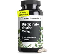 natural elements Zinc Bisglicinato 15mg - 365 comprimidos (1 año) - Para el pelo, piel, uñas y reforzar sistema inmunológico - Bisglicinato de zinc alta biodisponibilidad