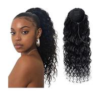 Natural Extensiones de cabello humano con cola de caballo y cordón de ondas profundas, postizo brasileño con clip. Aspecto perfecto(16inches)