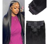 Natural Extensiones de cabello liso con clip, cabello humano natural n.° 1b, 120 g, conjunto completo con clip Extensiones de Pelo(26inches)