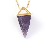 Natural Gem Stone Pyramid Pendulum Pendant Crystal Quartz Onyx Necklaces Suspension for Women Men-Amethyst GOLD