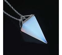 Natural Gem Stone Pyramid Pendulum Pendant Crystal Quartz Onyx Necklaces Suspension for Women Men-Opal SILVER