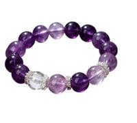 Natural Gradient Amethyst & Clear Quartz Healing Crystal Bracelet With Rhinestone Silver-Tone Spacers Polished Round Gemstone Beaded Stretch