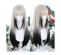 Natural Looking & Comfortable | Long Lasting Quali Peluca gris oscuro degradada plateada con flequillo, peluca de pelo largo y recto sintético for mujer, peluca de Halloween de Cosplay de fiesta lisa