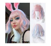 Natural Looking & Comfortable | Long Lasting Quali Pelucas de pelo sintético azul mezclado rosa for mujeres niñas, peluca corta rizada Bobo con flequillo, peluca corta Bobo Cosplay, disfraz de fiesta