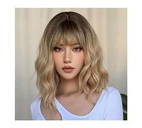 Natural Looking & Comfortable | Long Lasting Quali Pelucas sintéticas de Bob ondulado corto, pelucas de cabello degradado marrón a rubio for mujeres con flequillo, peluca Natural Lolita resistente al