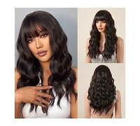 Natural Looking & Comfortable | Long Lasting Quali Pelucas sintéticas de ondas rizadas largas negras y marrones oscuras de 20 pulgadas con flequillo for mujeres afro, fiesta de cosplay diaria, pelos f