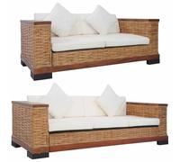 Natural Rattan Sofa Set 2 Pieces with Cushions, Brown and Cream White Outdoor Patio Furniture, 3 Seater and 2 Seater Garden Lounge Set with Removable Covers, Durable Wood Frame for Living Room Decor