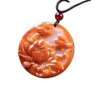 Natural Red Jadeite Peony Flower & Bird Carved Round Pendant Necklace Feng Shui Prosperity Happiness Good Fortune Amulet