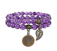 Natural Stone Beaded Bracelet Set for Women, Tree of Life Charm Healing Crystal Bracelet, Elastic Stretch Bracelet, Spiritual Jewelry Gift for Mom Sister Friend Birthday Christmas (Copper 7)