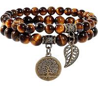 Natural Stone Beaded Bracelet Set for Women, Tree of Life Charm Healing Crystal Bracelet, Elastic Stretch Bracelet, Spiritual Jewelry Gift for Mom Sister Friend Birthday Christmas (Copper 4)
