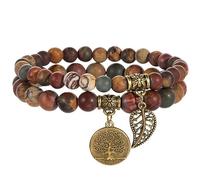 Natural Stone Beaded Bracelet Set for Women, Tree of Life Charm Healing Crystal Bracelet, Elastic Stretch Bracelet, Spiritual Jewelry Gift for Mom Sister Friend Birthday Christmas (Copper 8)