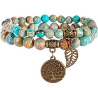 Natural Stone Beaded Bracelet Set for Women, Tree of Life Charm Healing Crystal Bracelet, Elastic Stretch Bracelet, Spiritual Jewelry Gift for Mom Sister Friend Birthday Christmas (Copper 1)