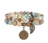 Natural Stone Beaded Bracelet Set for Women, Tree of Life Charm Healing Crystal Bracelet, Elastic Stretch Bracelet, Spiritual Jewelry Gift for Mom Sister Friend Birthday Christmas (Copper 3)