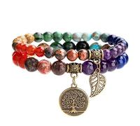 Natural Stone Beaded Bracelet Set for Women, Tree of Life Charm Healing Crystal Bracelet, Elastic Stretch Bracelet, Spiritual Jewelry Gift for Mom Sister Friend Birthday Christmas (Copper 5)