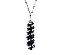 Natural Stone Pendant Necklace Silver Color Wire Wrapped Spiral Hexagon Prism Rose Crystal Quartz Chain Necklace Women,Black Onyx,50cm