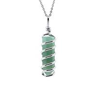Natural Stone Pendant Necklace Silver Color Wire Wrapped Spiral Hexagon Prism Rose Crystal Quartz Chain Necklace Women,Green Aventurine,50cm