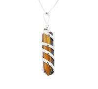 Natural Stone Pendant Necklace Silver Color Wire Wrapped Spiral Hexagon Prism Rose Crystal Quartz Chain Necklace Women,tiger Eye Stone,50cm