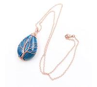 Natural Stripe Rose Red Agates Stone Pendant Gold-Color Wire Wrap Tree Of Life Waterdrop Chain Necklace,blue R