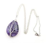 Natural Stripe Rose Red Agates Stone Pendant Gold-Color Wire Wrap Tree Of Life Waterdrop Chain Necklace,purple S