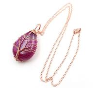 Natural Stripe Rose Red Agates Stone Pendant Gold-Color Wire Wrap Tree Of Life Waterdrop Chain Necklace,rose R