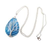 Natural Stripe Rose Red Agates Stone Pendant Gold-Color Wire Wrap Tree Of Life Waterdrop Chain Necklace,blue S