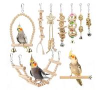 Natural Wood Parrot Toys with Swing, Conure Bird Toys, Wooden Swing Ladder, Climbing Perch Play, Parrot Enrichment for Cage Birds Parakeet, Indoor Activity Chewing Climbing Entertainment
