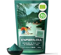 NaturaleBio Alga Espirulina Ecológica En Polvo 200g. Orgánica, Natural y Pura, Cultivada en regiones tropicales asiáticas. Ideal en bebidas y batidos, o recetas. Apto para vegetarianos y veganos.