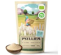 NaturaleBio Cáscara de Psyllium Husk 200 g. 99% Pureza. Fuente de Fibra Soluble. Ecológico, Sin Gluten, Sin OGM. Keto. Para añadir al Agua, Bebidas y Zumos.