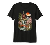 Naturaleza Japonesa con Templo, Sol y Cascada Camiseta Premium