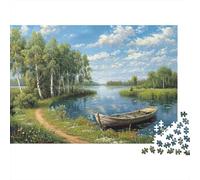 Naturaleza Junto al Lago Rompecabezas de 1000 Piezas para Adultos Paisaje Fluvial Sereno con Bote de Madera Viejo y Bosque Robusto Vibrante Alivio de Estrés Regalo Decoración 38x26cm/1000pzs