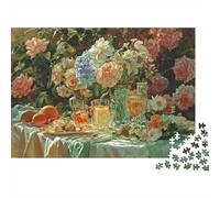 Naturaleza Muerta Floral Pintura Puzzle de 1000 Piezas Papel Puzzle para Adultos Escena de Mesa jardín Relajante Decoración Regalo Familiar 52x38cm/1000pcs