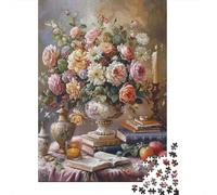 Naturaleza Muerta Floral Vintage Puzzle de 1000 Piezas Papel para Adultos Escena de Libros clásicos Relajante Concentración Decoración Familiar Regalo 38x26cm/1000pcs