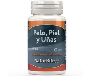 NaturBite Pelo, piel y uñas. 60 cápsulas. Suplemento vitamínico con Aceite de Borraja EPA/DHA, Vitamina E y complejo de vitaminas B que proporciona ayuda a la salud del cabello, la piel y las uñas