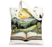 Nature - Bolsas de lona reutilizables con patrón de montaña y flores, ecológicas, ligeras, lavables, para viajes, playa, picnic, 13 x 15 pulgadas