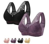 Nature - Brasier de algodón con cremallera frontal y botones frontales, cómodo brasier de talla grande para todas las mujeres de mediana edad y ancianas, Negro y morado, XXL